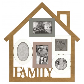 Dřevěný fotorámeček ve tvaru domečku na více foto, s nápisem FAMILY